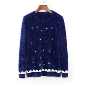 Winter Sweater Comfort O-Neck Thick Thin Wool Embroidery Girl - Blue