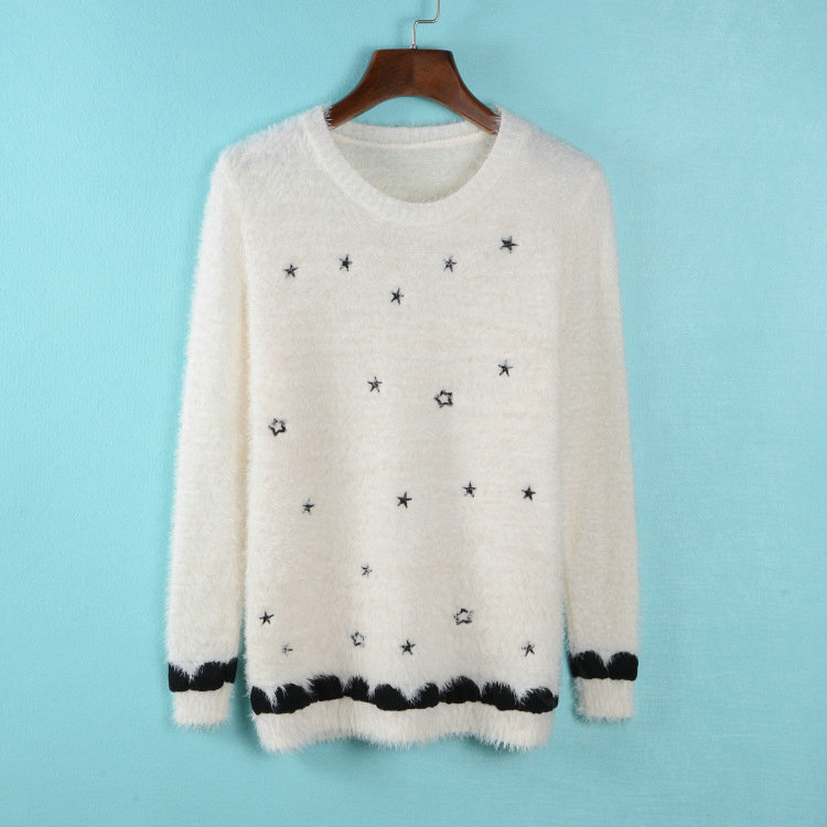 Winter Sweater Comfort O-Neck Thick Thin Wool Embroidery Girl - White