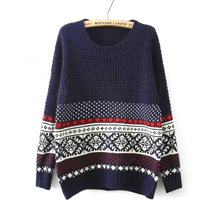 Winter Sweater Cotton Women Round Collar Snow Flower Loose Knitted Pullover - Blue