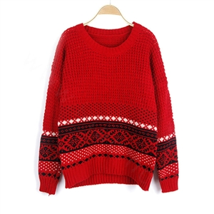Winter Sweater Cotton Women Round Collar Snow Flower Loose Knitted Pullover - Red