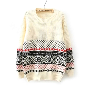 Winter Sweater Cotton Women Round Collar Snow Flower Loose Knitted Pullover - White