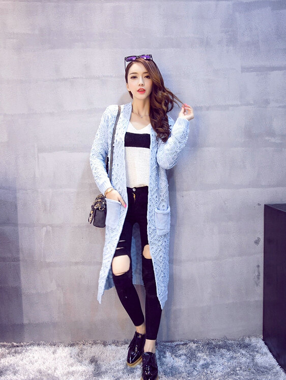 Winter Sweater Fashion Crochet Pockets V-Neck Cardigan Coat Hollowed Thick - Blue