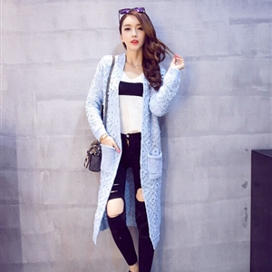 Winter Sweater Fashion Crochet Pockets V-Neck Cardigan Coat Hollowed Thick - Blue