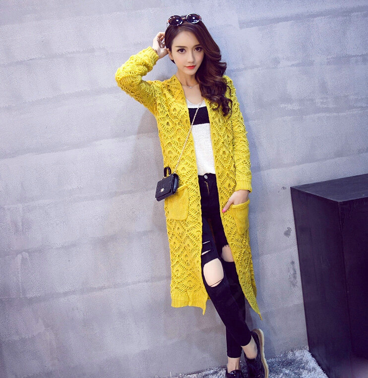 Winter Sweater Fashion Crochet Pockets V-Neck Cardigan Coat Hollowed Thick - Yellow
