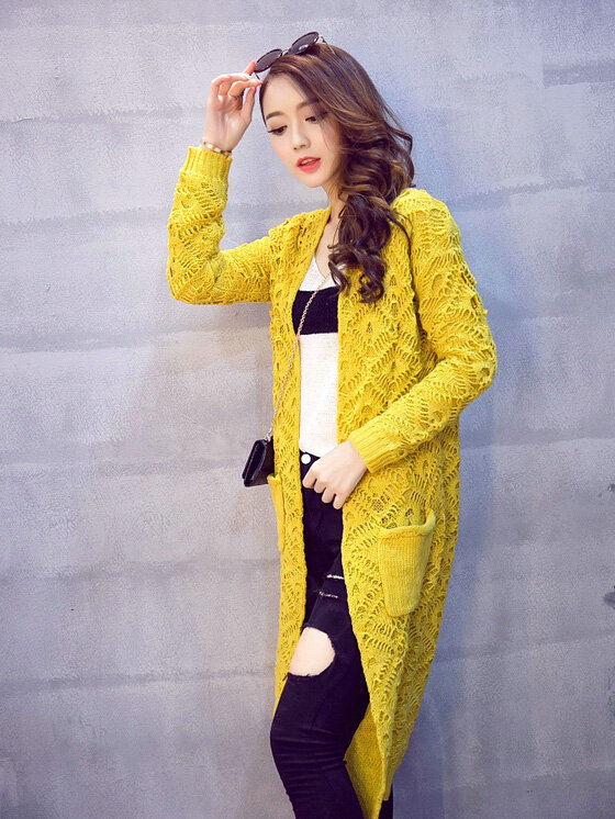 Winter Sweater Fashion Crochet Pockets V-Neck Cardigan Coat Hollowed Thick - Yellow