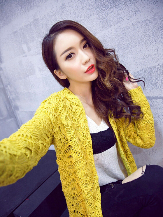 Winter Sweater Fashion Crochet Pockets V-Neck Cardigan Coat Hollowed Thick - Yellow