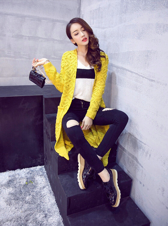 Winter Sweater Fashion Crochet Pockets V-Neck Cardigan Coat Hollowed Thick - Yellow