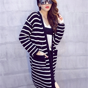 Winter Sweater Fashion Female Striped Coat Pocket Cardigans Flat Knitted - Black