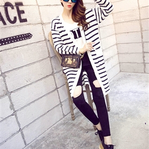 Winter Sweater Fashion Female Striped Coat Pocket Cardigans Flat Knitted - White