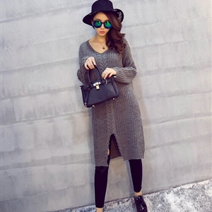 Winter Sweater Fashionable Female Long Thread Split Solid Full Sleeve - Dark Grey