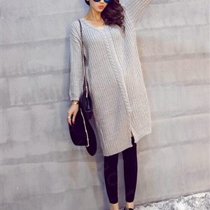Winter Sweater Fashionable Female Long Thread Split Solid Full Sleeve - Grey