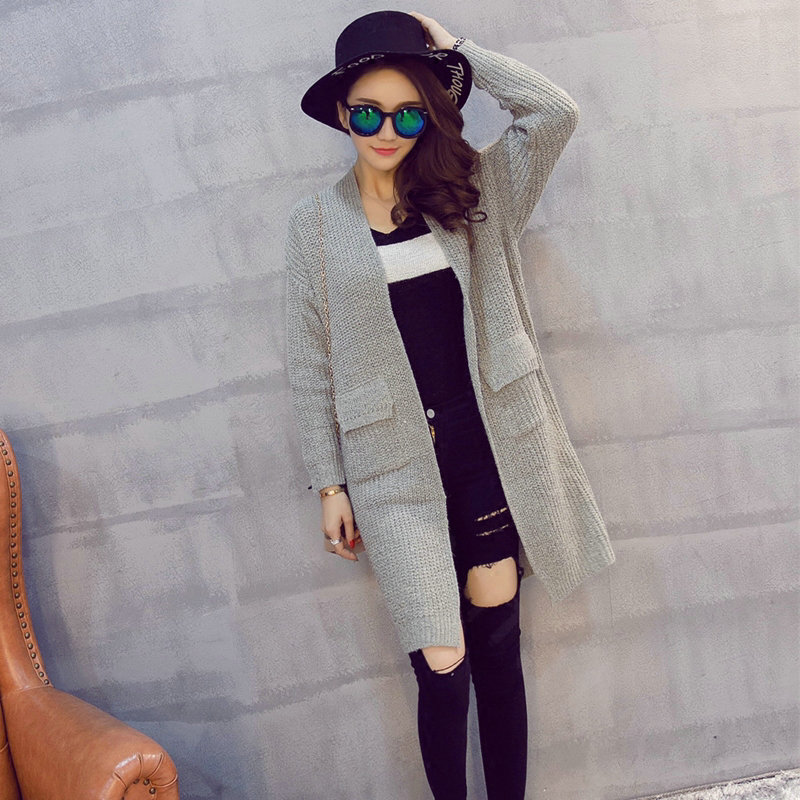 Winter Sweater Female Cardigans Fashion Pockets Coat Pocket V Collar Thin - Grey
