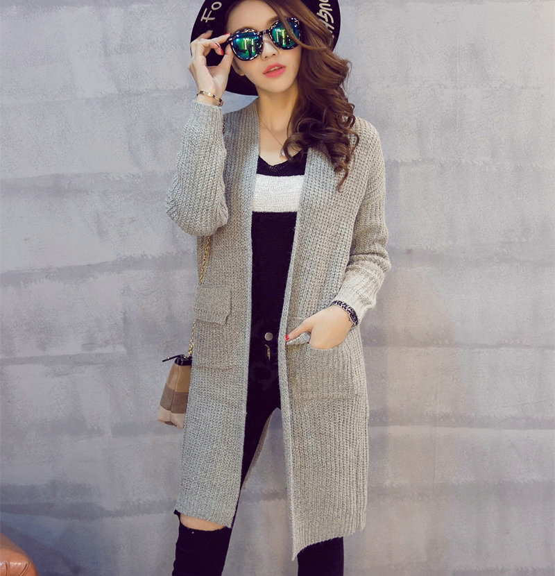 Winter Sweater Female Cardigans Fashion Pockets Coat Pocket V Collar Thin - Grey