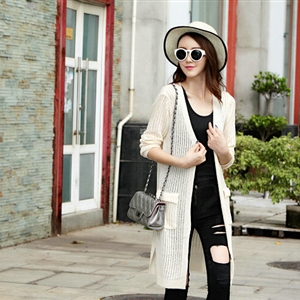 Winter Sweater Female Coat Cardigan Fashion Flat Knitted Pockets Long Sleeved - White