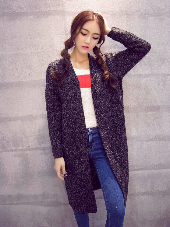 Winter Sweater Female Solid Long Sleeved Cardigan Coat Street Tide - Black