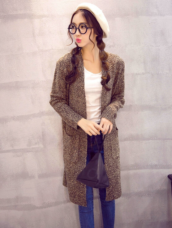 Winter Sweater Female Solid Long Sleeved Cardigan Coat Street Tide - Coffee