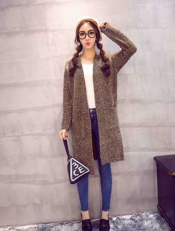 Winter Sweater Female Solid Long Sleeved Cardigan Coat Street Tide - Coffee