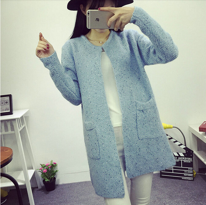 Winter Sweater Female V-Neck Long Loose Thin Pocket Trend - Blue