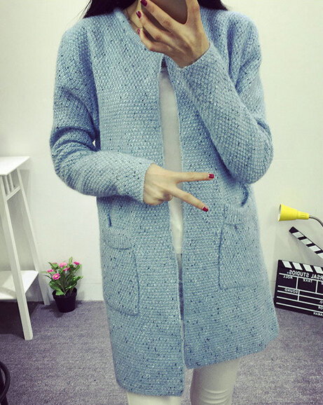 Winter Sweater Female V-Neck Long Loose Thin Pocket Trend - Blue