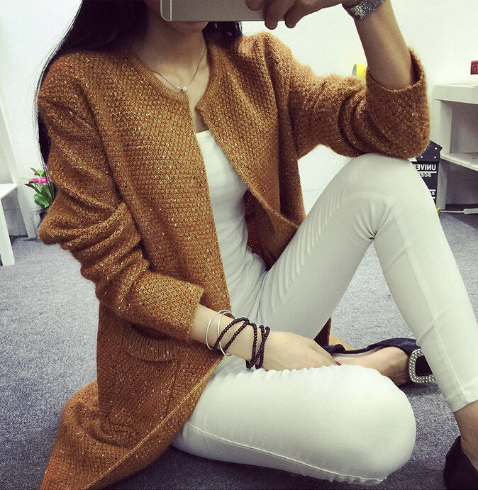Winter Sweater Female V-Neck Long Loose Thin Pocket Trend - Coffee