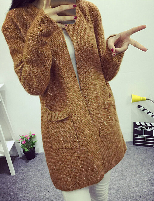 Winter Sweater Female V-Neck Long Loose Thin Pocket Trend - Coffee