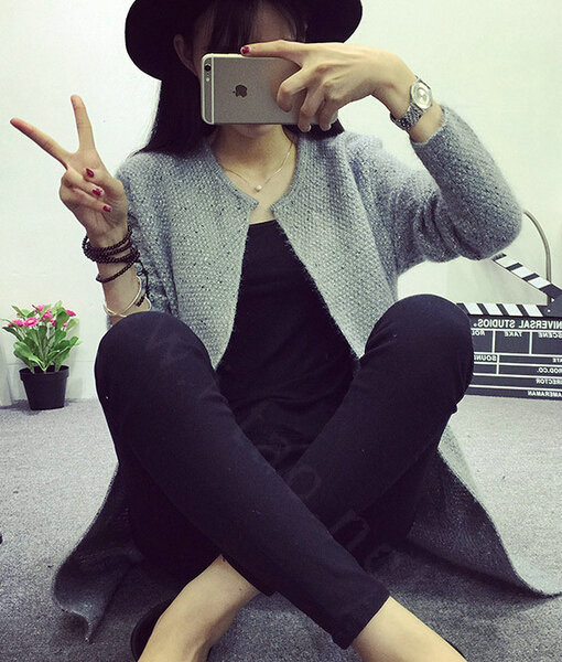Winter Sweater Female V-Neck Long Loose Thin Pocket Trend - Grey