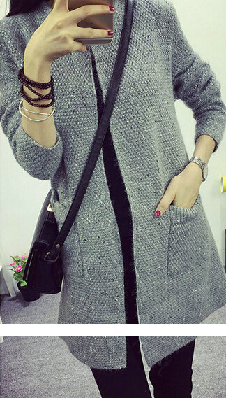 Winter Sweater Female V-Neck Long Loose Thin Pocket Trend - Grey