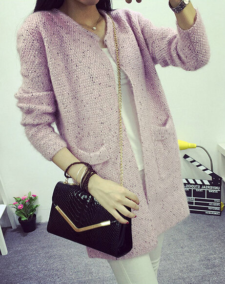 Winter Sweater Female V-Neck Long Loose Thin Pocket Trend - Pink