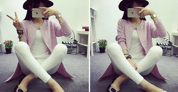 Winter Sweater Female V-Neck Long Loose Thin Pocket Trend - Pink