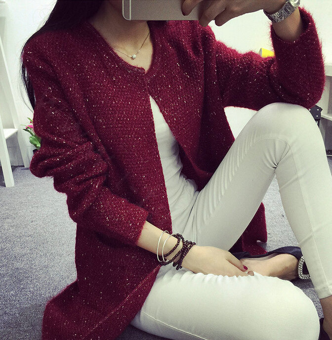 Winter Sweater Female V-Neck Long Loose Thin Pocket Trend - Red