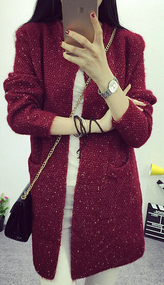 Winter Sweater Female V-Neck Long Loose Thin Pocket Trend - Red