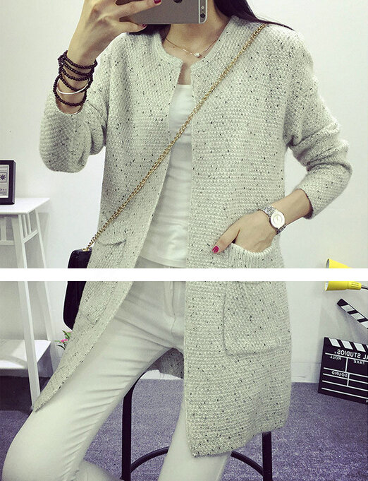 Winter Sweater Female V-Neck Long Loose Thin Pocket Trend - White