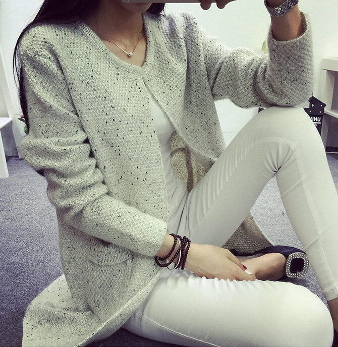 Winter Sweater Female V-Neck Long Loose Thin Pocket Trend - White