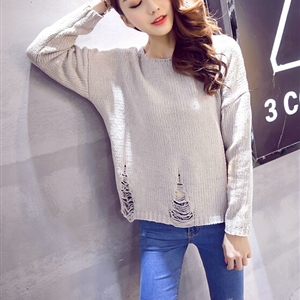 Winter Sweater Girl Thin Solid Pullover O-Neck Short Tassel - Grey