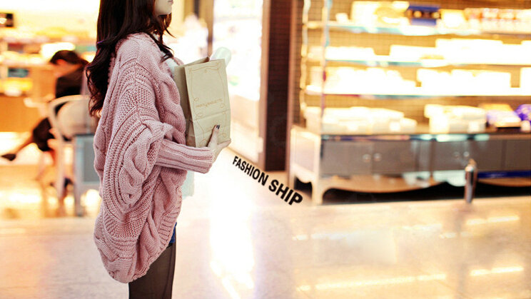 Winter Sweater Long Cardigan Batwing Sleeve Thick Loose Woman - Pink