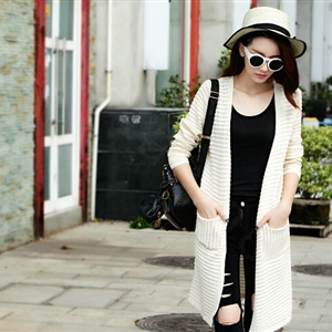 Winter Sweater Open Stitch V-Neck Cardigan Coat Girls Long Sleeved - White