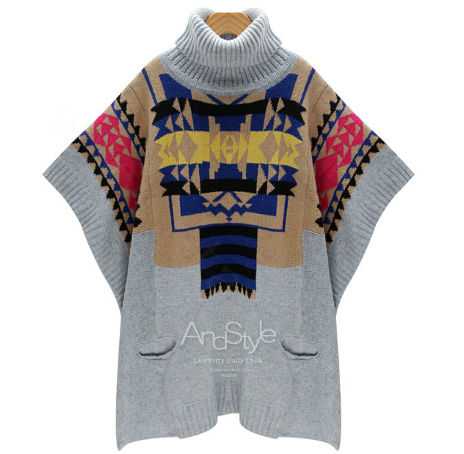 Winter Sweater Patchwork Batwing Half Sleeve Jacquard Turtleneck Knitted Loose Pullover - Grey
