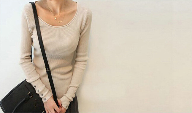 Winter Sweater Solid Tight Shirt Womens Stretch Thick - Beige