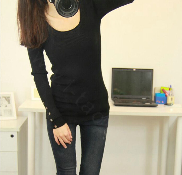 Winter Sweater Solid Tight Shirt Womens Stretch Thick - Black