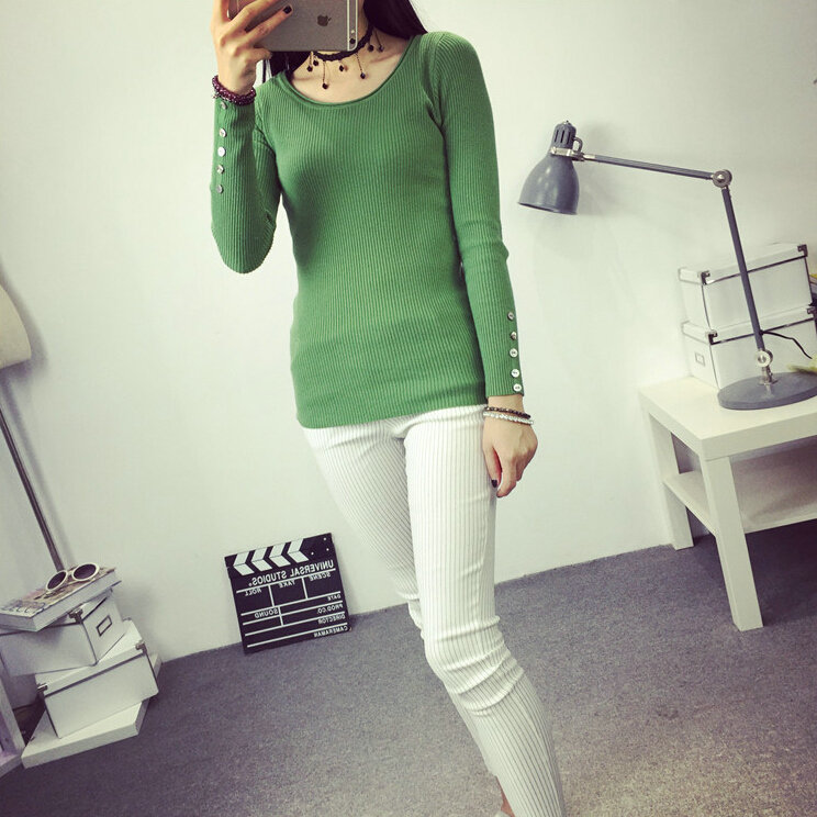 Winter Sweater Solid Tight Shirt Womens Stretch Thick - Green