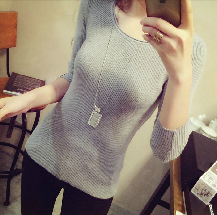 Winter Sweater Solid Tight Shirt Womens Stretch Thick - Grey