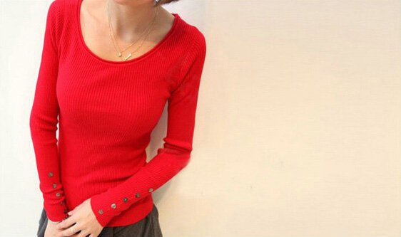 Winter Sweater Solid Tight Shirt Womens Stretch Thick - Red