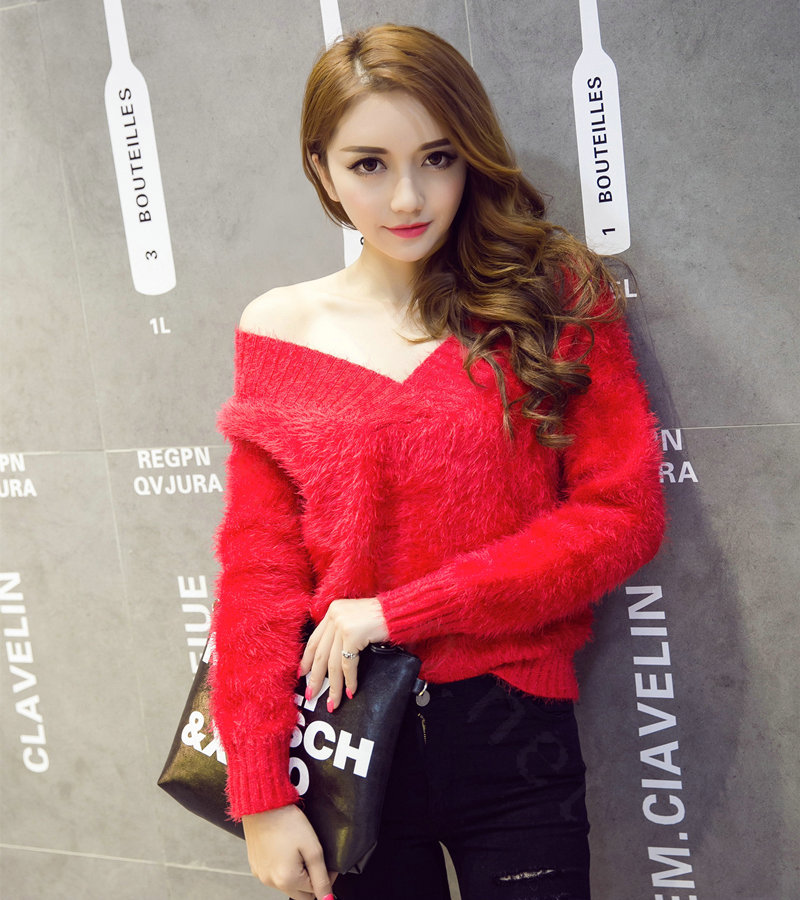 Winter Sweater Thick Women Loose Sleeve All-Match V Fashion Slim Warm - Red
