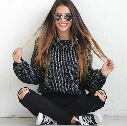 Winter Sweater Women New Turtleneck Solid Short Knitted - Black