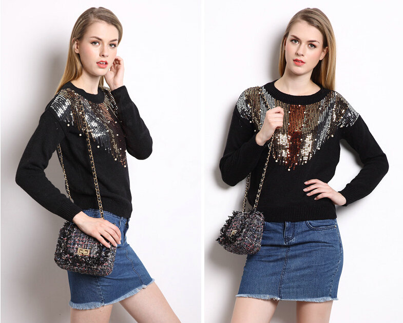 Winter Sweater Women Thick Casual Sequins Beaded Burst Fur Coat - Black