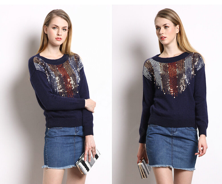 Winter Sweater Women Thick Casual Sequins Beaded Burst Fur Coat - Blue