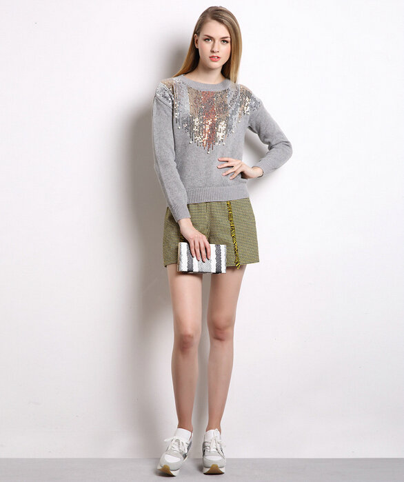 Winter Sweater Women Thick Casual Sequins Beaded Burst Fur Coat - Grey