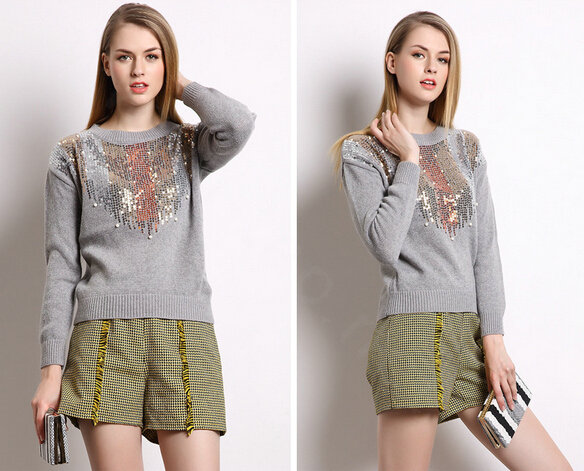 Winter Sweater Women Thick Casual Sequins Beaded Burst Fur Coat - Grey