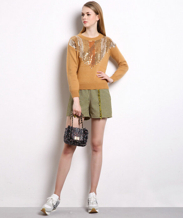 Winter Sweater Women Thick Casual Sequins Beaded Burst Fur Coat - Yellow