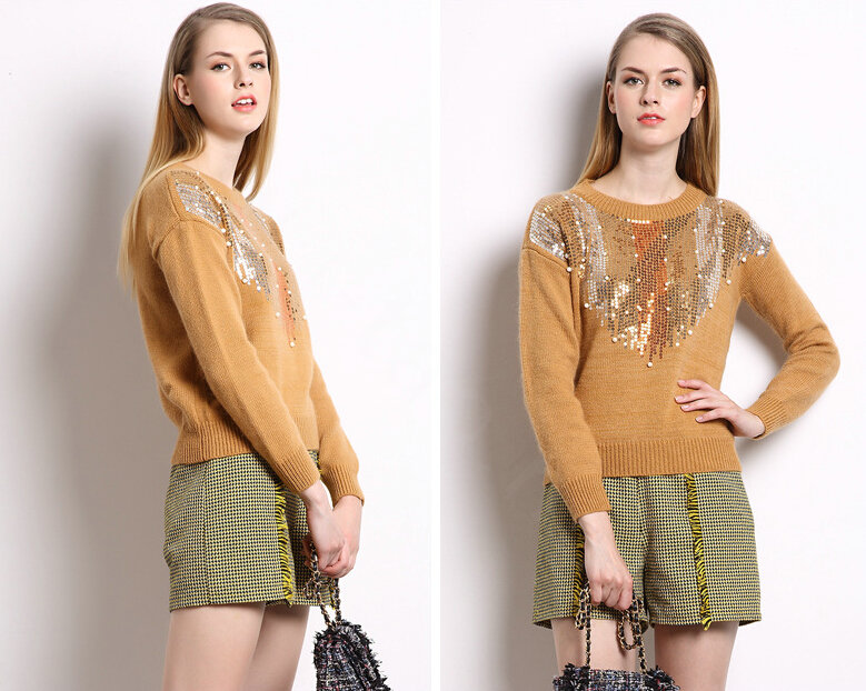 Winter Sweater Women Thick Casual Sequins Beaded Burst Fur Coat - Yellow